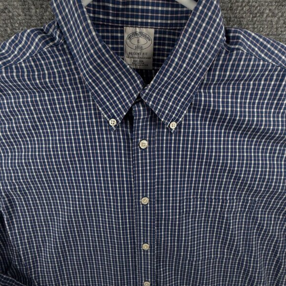 Brooks Brothers Non Iron Button Up Shirt Men Cotton Large Regent Fit Blue Check - Picture 1 of 14